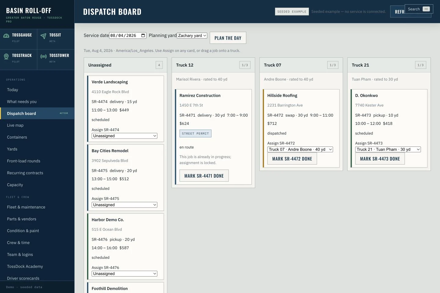 Actual dispatch board with demonstration records